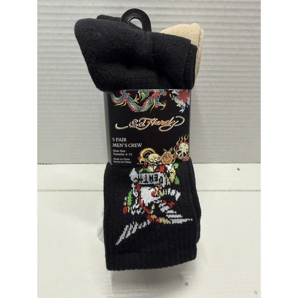 Ed Hardy Men’s 6-12 Black White 5 Pair Pack Eagle Snake Tiger Tattoo Crew Socks